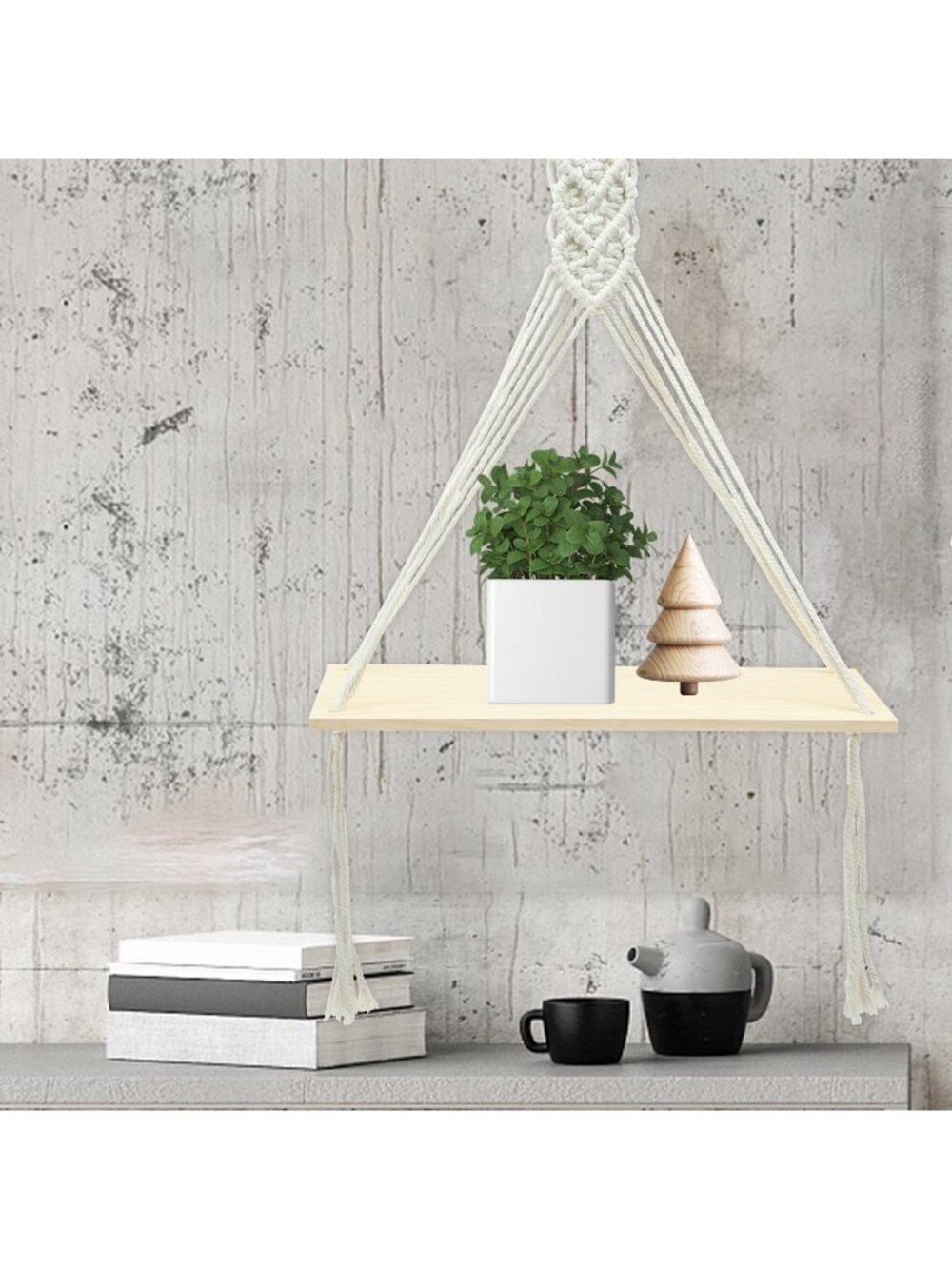 Set of 2 Boho Macrame Hanging Wall Shelf Wooden Floating Rope Plant Shelf Decor